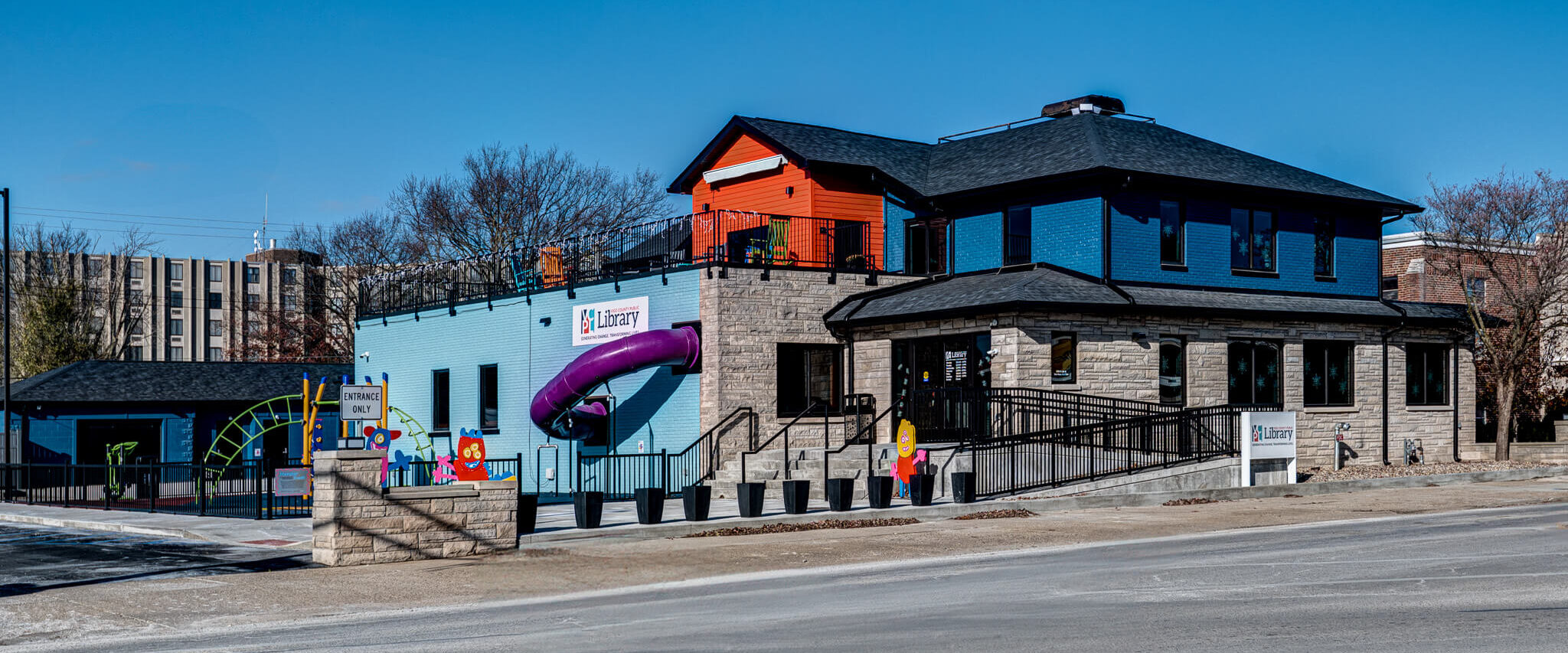 Colorful exterior of 12 Points Library in Terre Haute, Indiana